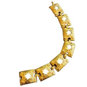 Vintage 80s Unsigned Brushed Gold Metal Abstract Star Bracelet (A2994)